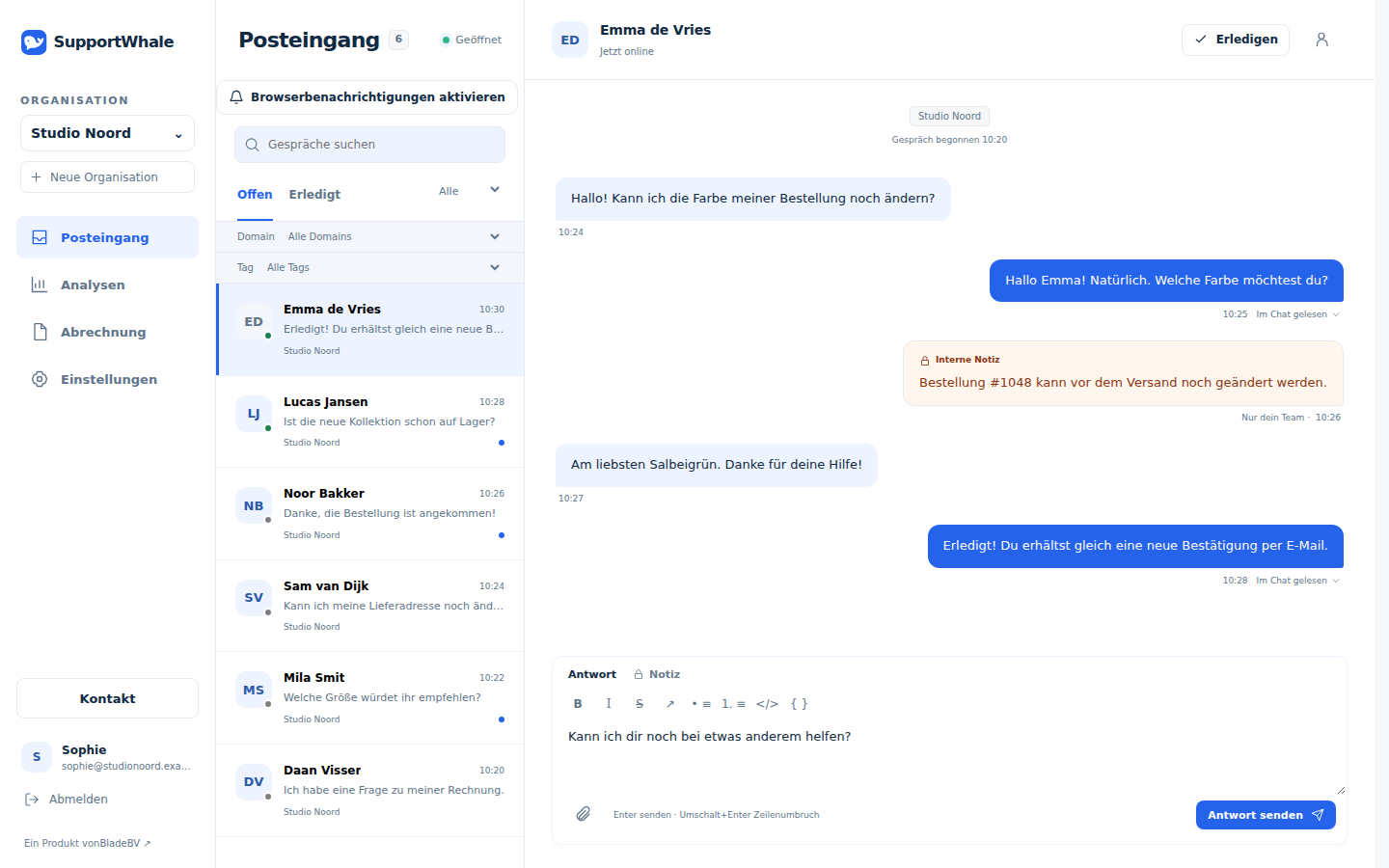 Screenshot des SupportWhale-Webposteingangs mit Posteingang, Analysen, Abrechnung und Einstellungen, Gesprächen und internen Notizen