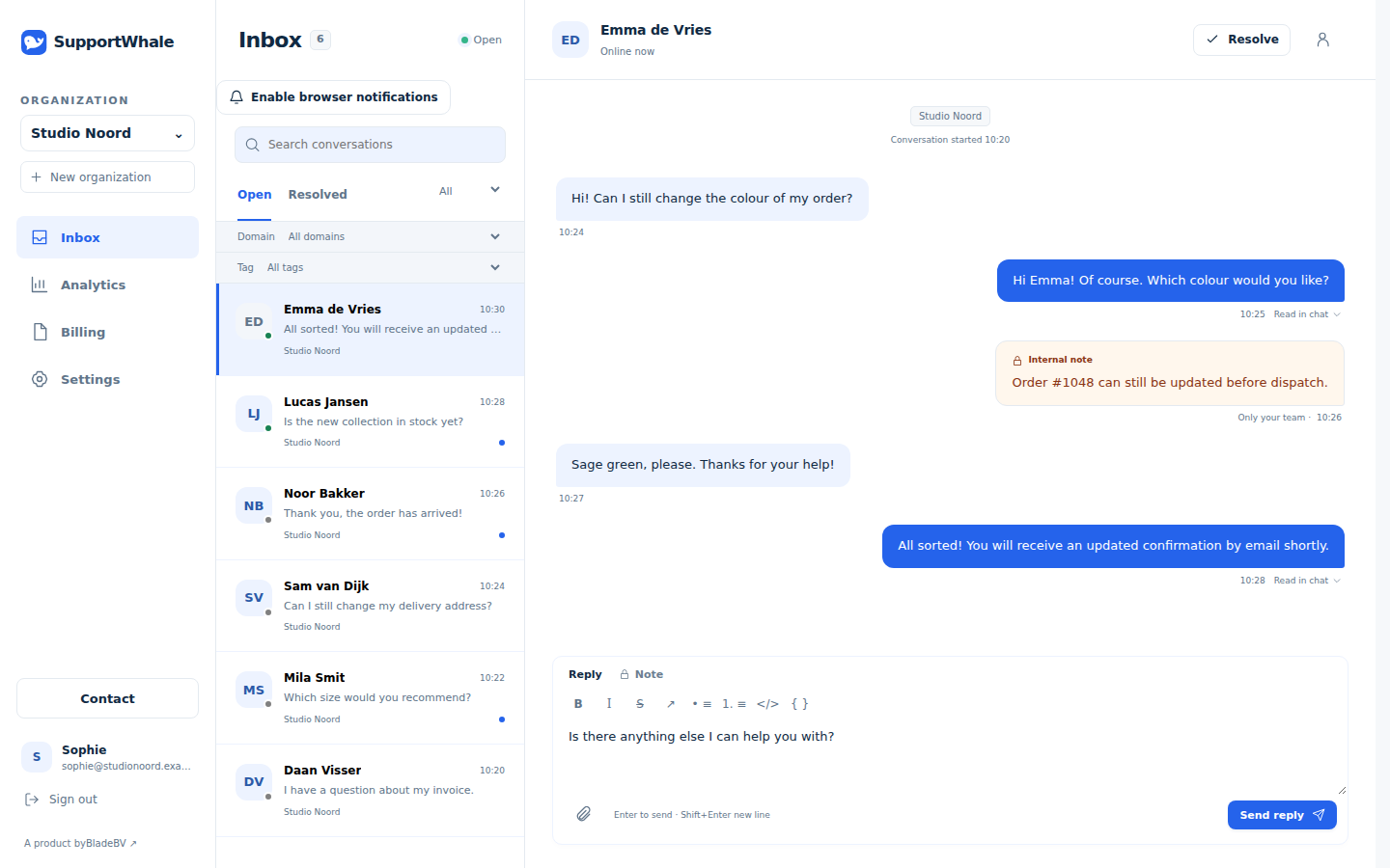 Screenshot of the SupportWhale web inbox with Inbox, Analytics, Billing and Settings navigation, conversations and private notes