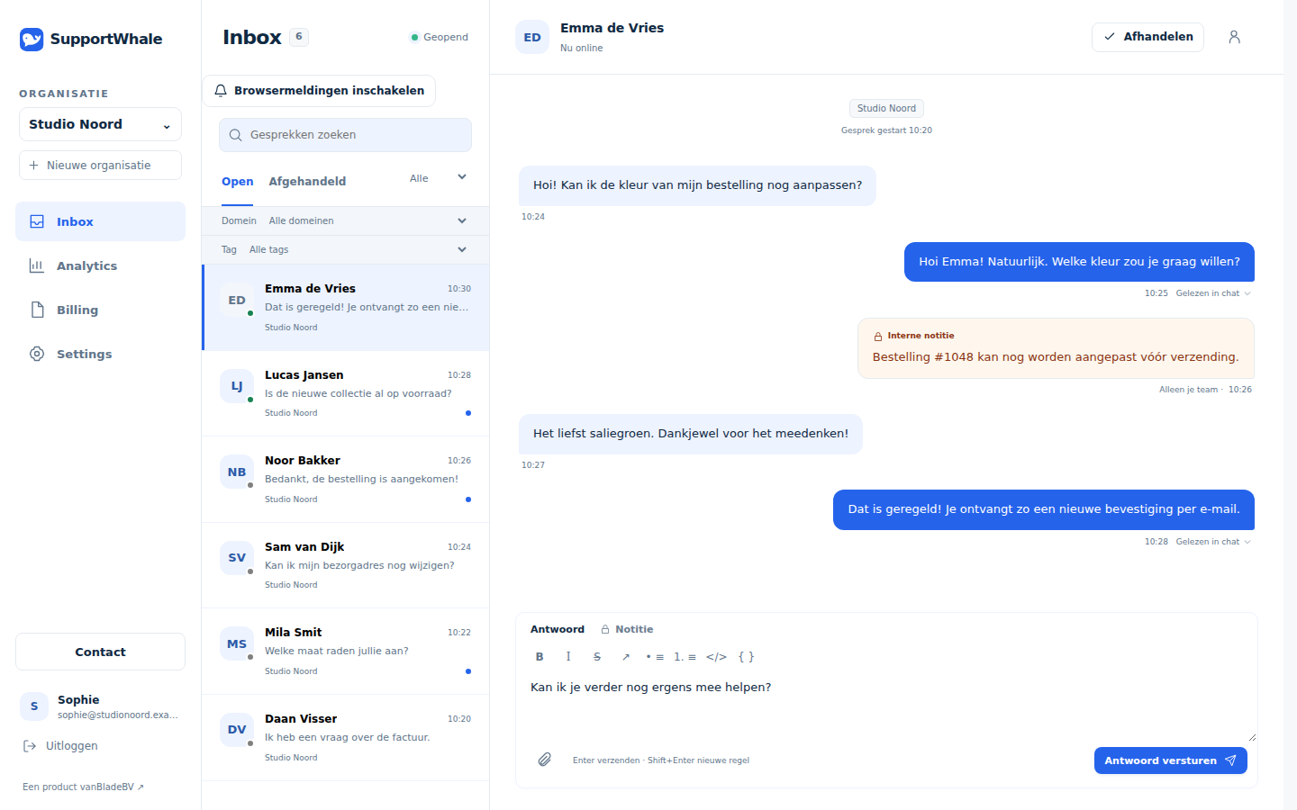 Screenshot van de SupportWhale-webinbox met Inbox, Analytics, Facturatie en Instellingen, gesprekken en interne notities